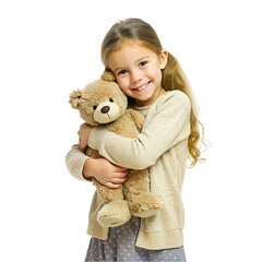 Little girl holding a teddy bear on a white isolated background