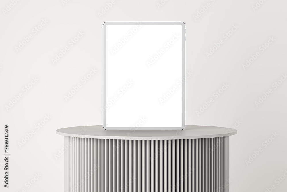 Aufkleber Empty classic pedestal on light background with empty white mock up banner. Product placement and ad concept. 3D Rendering.