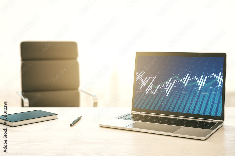 Poster Modern computer monitor with abstract creative financial chart, research and strategy concept. 3D Rendering