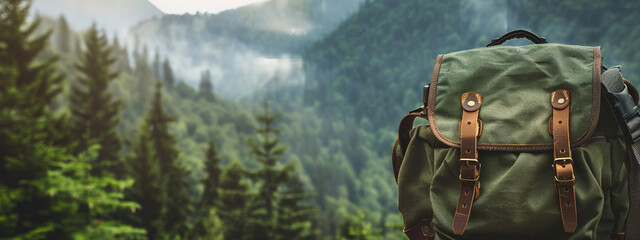 tourist backpack on the background of nature mountains