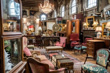 Obraz premium An antique market filled with treasures from the past, including vintage furniture, retro clothing, and rare collectibles, set within a historic building with ornate details, Generative AI