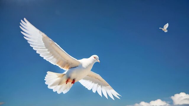 beautiful white bird of peace, doves fly across the clear blue sky with copy space.