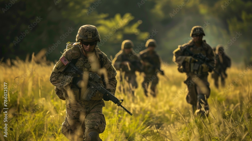 Wall mural Combat unit advancing through waist-high grass in open field