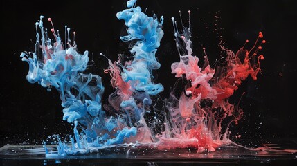 the magic of acrylic artistry as vibrant blue and red colors blend and diffuse in water, giving rise to intriguing ink blots and abstract compositions against a striking black background - obrazy, fototapety, plakaty