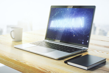 Fototapeta premium Creative abstract blockchain technology hologram on modern computer monitor, cryptography and decentralization concept. 3D Rendering