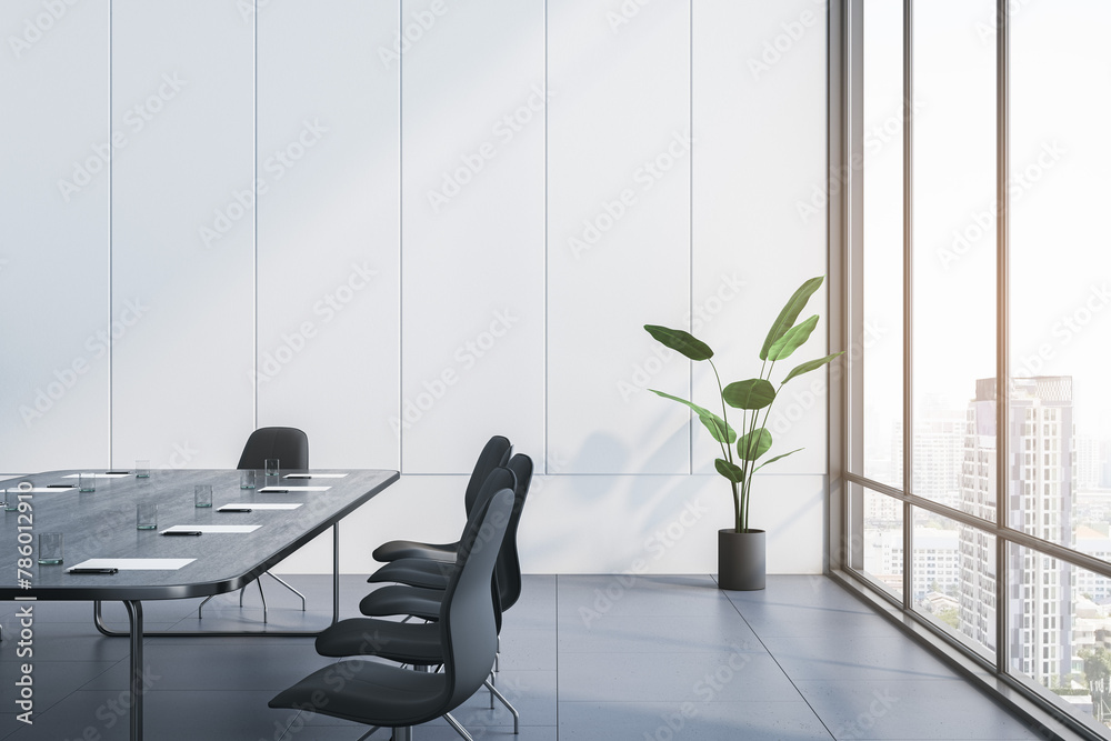 Aufkleber modern conference room with a large table, chairs and a plant, with a city background through floor-