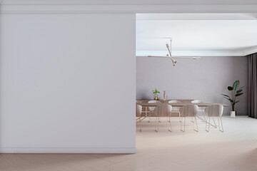 Modern dining room interior with a white blank poster frame, wooden table, chairs, and elegant lighting, on a clean background, concept of luxury home design. 3D Rendering