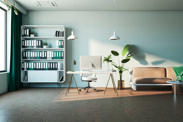 Modern home office interior with a desk, computer, couch, and bookshelf on a light blue wall and wooden floor background, embodying a clean design. 3D Rendering