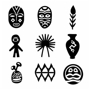Africa jungle ethnic culture travel icons set black isolated. AI Generative