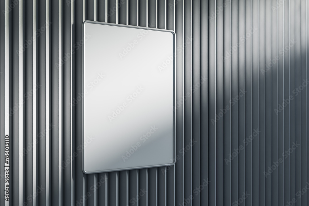 Poster Empty light metal linear wall with clean white mock up poster and shadows. Gallery concept. 3D Rendering.
