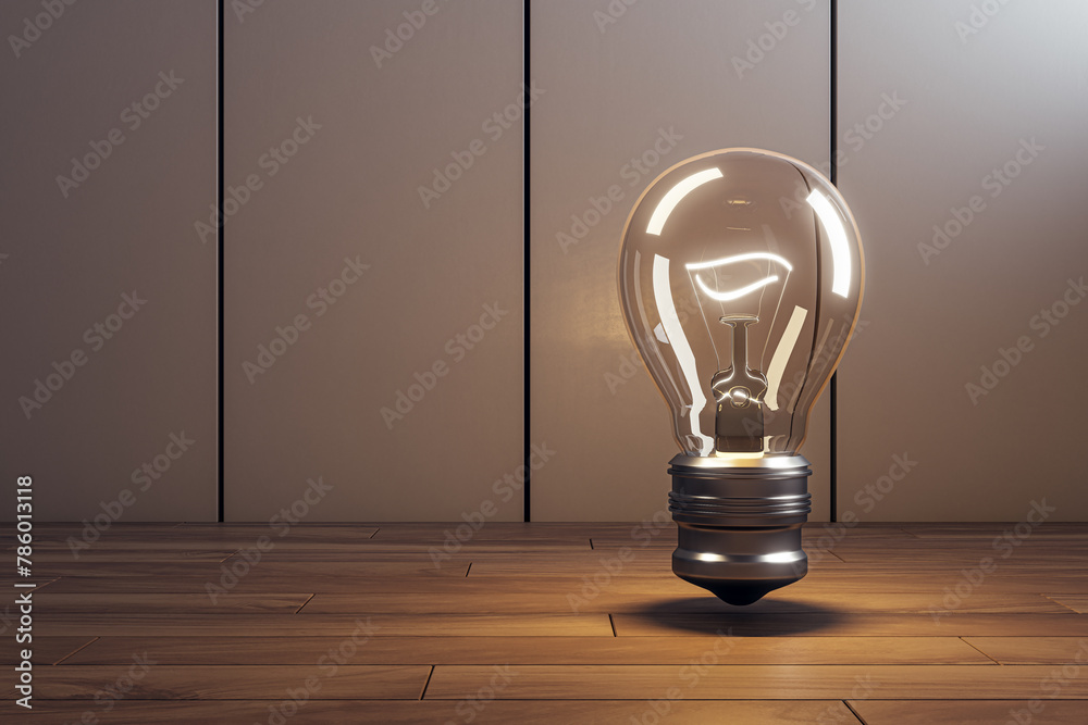 Poster creative glowing light bulb in interior with mock up place on white wall. idea, innovation and ad ab