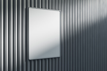 Empty light metal linear wall with clean white mock up poster and shadows. Gallery concept. 3D Rendering.