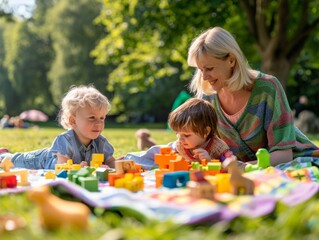 Mom and two children are laying on a blanket in a park, playing with blocks in a sunny day