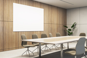 Modern conference room with a large blank poster on the wall, a wooden table with chairs, and a plant, concept of business workplace. 3D Rendering