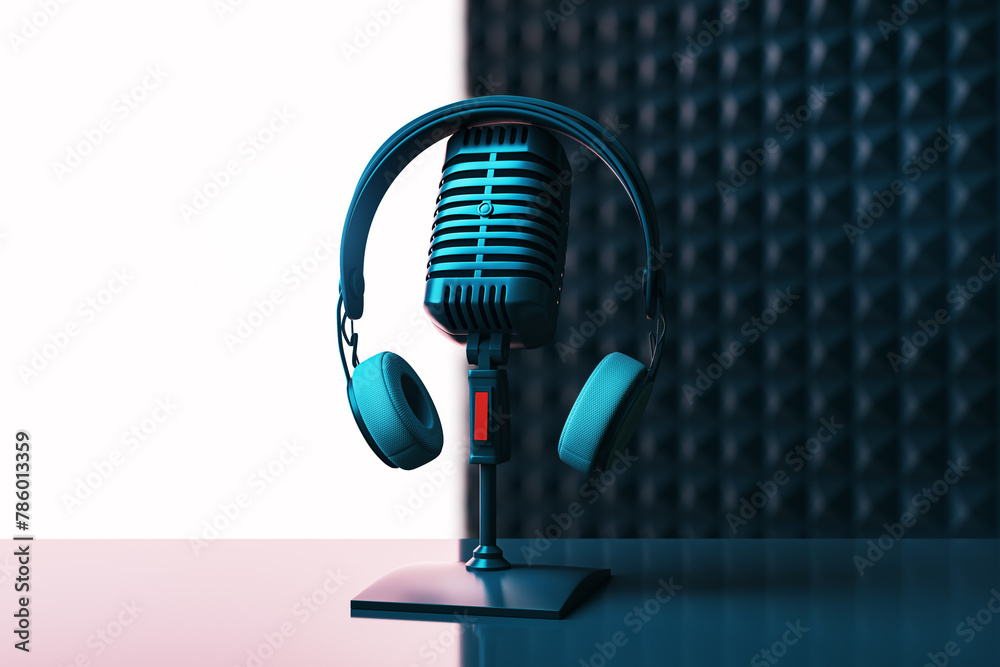 Poster Abstract image with mic and mock up place on blue background. Podcast ad and voiceover concept. 3D Rendering.