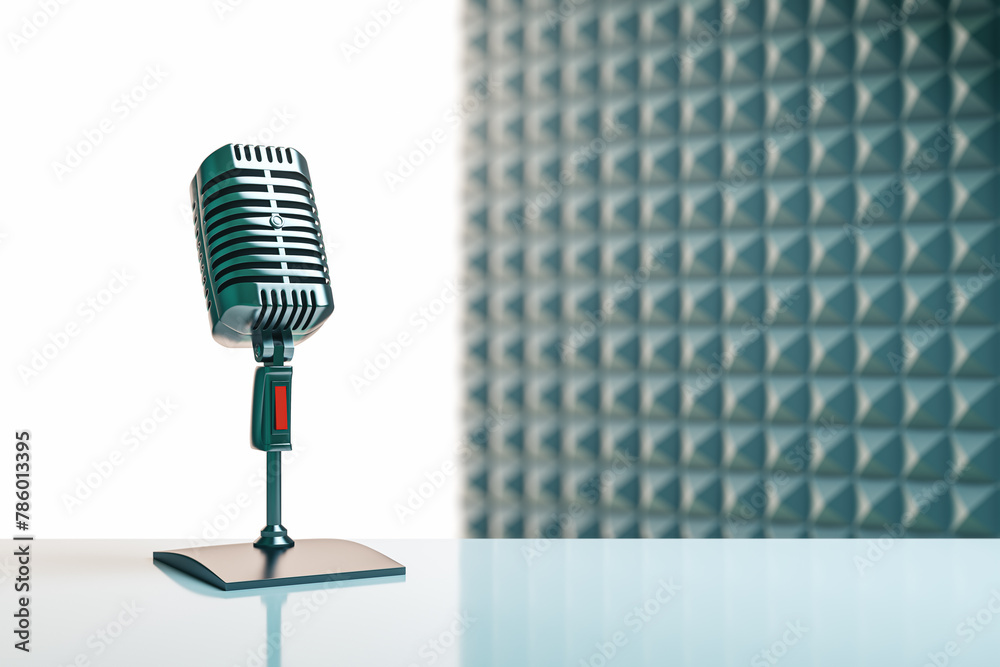 Aufkleber Creative image with mic and mock up place on gray backdrop. Podcast ad and voiceover concept. 3D Rendering.