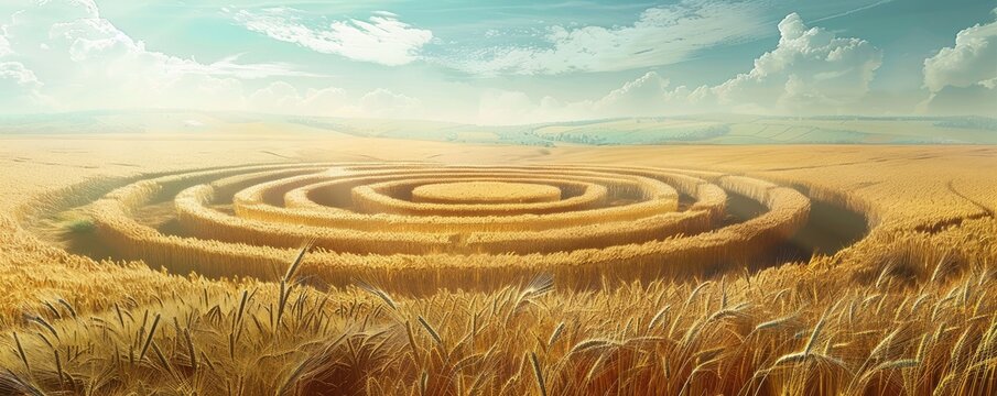 aerial view of a complex crop circle design etched into a vast wheat field, evoking intrigue and wonder