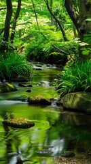 Arranges the gold element by a quietly flowing stream, the soft greens of the surrounding foliage reflecting in the water, creating a peaceful tableau