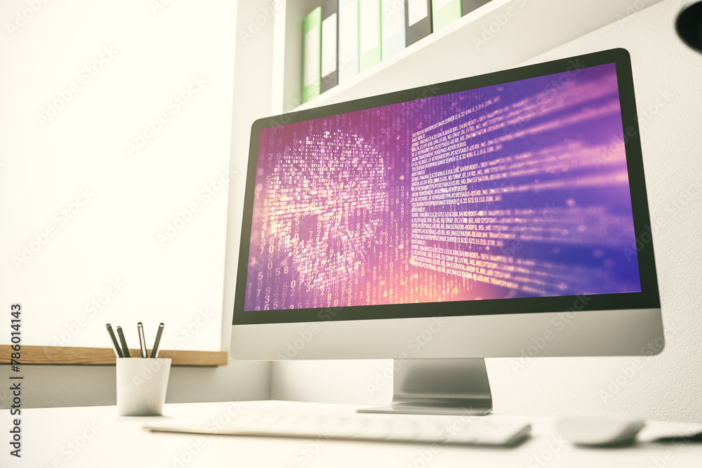 Poster Modern computer monitor with creative code skull hologram. Malware and cyber crime concept. 3D Rendering