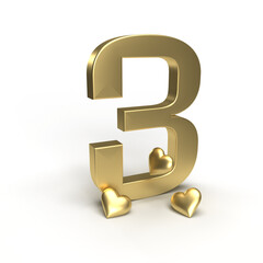 Gold number 3,THREE with hearts around it. Idea for Valentine's Day, wedding anniversary or sale. 3d rendering