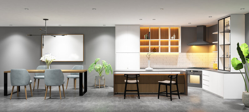 3d rendering interior design of pantry and dining room with island table and frame mock up. Gray cement tile floor and white duco paint cabinet. Set 1