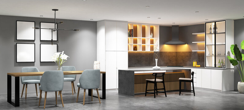 3d rendering interior design of pantry and dining room with island table and frame mock up. Gray cement tile floor and white duco paint cabinet. Set 2
