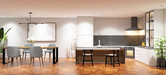 3d rendering interior design of pantry and dining room with island table and frame mock up. Wood parquet floor and white duco, wooden cabinet. Set 4