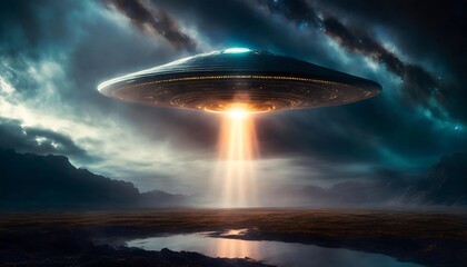 UFO landet mit strahlenden Landelicht auf der Erde - obrazy, fototapety, plakaty