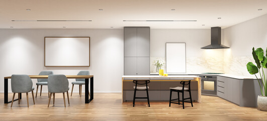 3d rendering interior design of pantry and dining room with island table and frame mock up. Wood parquet floor and gray duco paint cabinet. Set 9