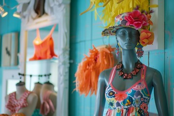 A whimsical dress fitting mannequin adorned with a playful romper and colorful accessories, adding a touch of fun and personality to its stylish ensemble - obrazy, fototapety, plakaty