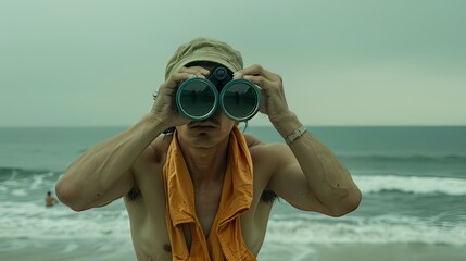 The lifeguard scans the beach through binoculars, diligently searching for any signs of trouble or distress 