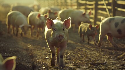 group of pegged pigs penned barn, farm agriculture photo, animal welfare, consumption criticism, meat production, soft focus blurry background