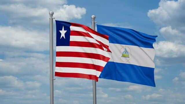 Nicaragua and Liberia two flags waving together, looped video, two country relations concept