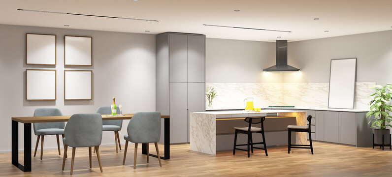 3d rendering interior design of pantry and dining room with island table and frame mock up. Wood parquet floor and gray duco paint cabinet. Set 12