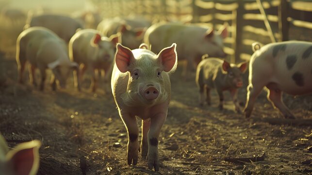 group of pegged pigs penned barn, farm agriculture photo, animal welfare, consumption criticism, meat production, soft focus blurry background