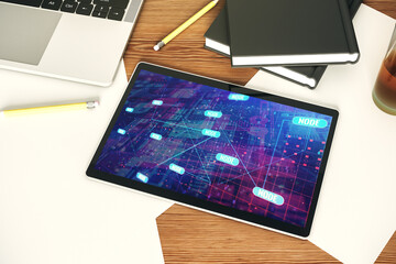 Abstract creative coding illustration on modern digital tablet display, software development concept. Top view. 3D Rendering
