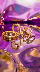Arranges gold jewelry on a reflective surface, creating a composition that emphasizes the gleaming golds and the refined elegance of each piece