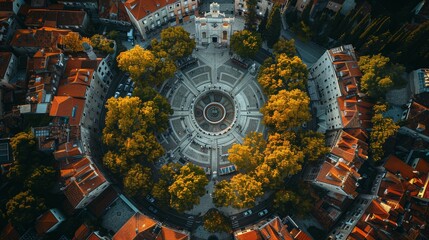 Stunning aerial view of Cathedral Square, located in the heart of Split city, Croatia. The historical architecture is beautifully framed by vivid autumn-colored trees. - 786014788
