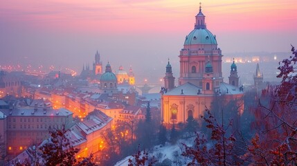 Fototapeta na wymiar Serene dawn breaks over a historic European cityscape, illuminating the detailed architecture of churches and buildings with a warm, soft light under a sprawling sky.