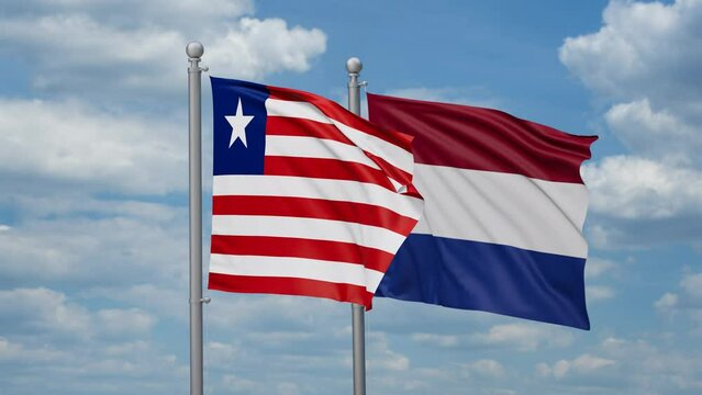 Netherlands and Liberia two flags waving together, looped video, two country relations concept