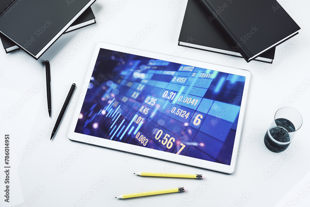 Aufkleber Digital tablet with abstract financial graph, finance and trading concept. Top view. 3D Rendering