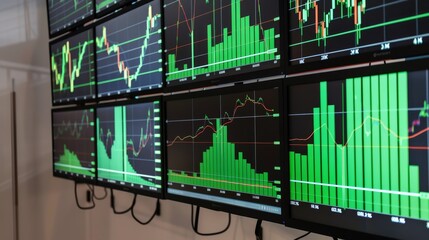 Arranges a series of stock charts across a large monitor wall, each featuring vivid, crisp green lines that track the volatile movements of the market, showcasing depth in analysis - obrazy, fototapety, plakaty