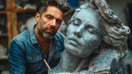 Focused male artist in denim jacket brushing a detailed clay sculpture of a woman's face in his cluttered art studio, showcasing creativity and craftsmanship.