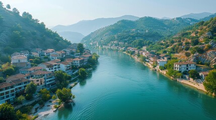 Breathtaking aerial view of Berat, a historic city in Albania, nestled along the banks of a vibrant river, surrounded by lush green hills. - 786014993
