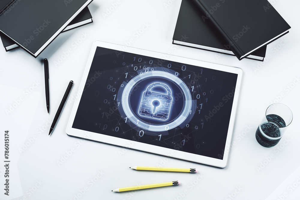 Leinwandbilder top view of modern digital tablet monitor with creative lock hologram and chip. information security