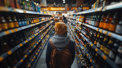 Young man in a winter hat and backpack stands contemplating in a supermarket aisle, surrounded by diverse beer options reflective of a moment of selection and variety in everyday shopping.