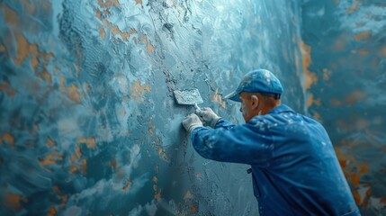 Obraz premium Professional plasterer in a blue working uniform meticulously applies plaster to a textured wall, focusing on the quality and precision of the workmanship.
