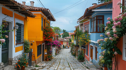Charming view of a narrow cobblestone street lined with colorful, vibrant houses and abundant blooming flowers in an old city. - 786015186
