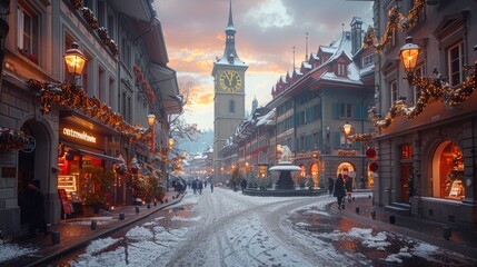 Picturesque winter evening on a snow-covered street in Europe, adorned with festive Christmas lights and decorations. Lamp-lit shops and a historic clock tower enhance the cozy, holiday atmosphere. - 786015351