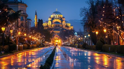 Stunning twilight shot of the St. Alexander Nevsky Cathedral in Sofia, showcasing its illuminated architecture and the wet, reflective street leading up to it. - 786015383